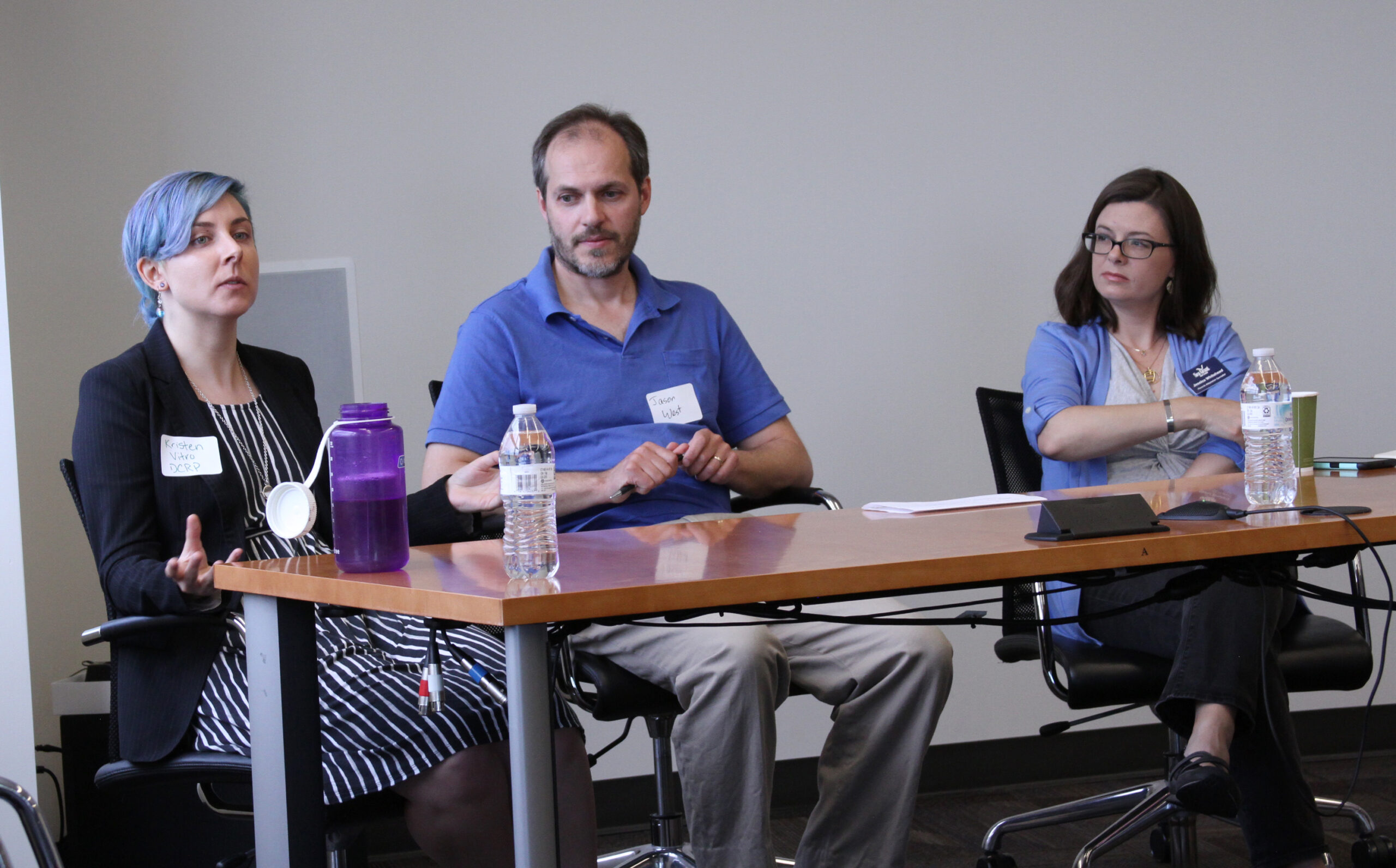 From left: UNC-Chapel Hill graduate student Kristen Vitro, UNC-Chapel Hill Professor Dr. Jason West and N.C. Sea Grant Coastal Communities Hazards Adaptation Specialist Jessica Whitehead discussed the role of the political climate on research during the event. Photo by Josh Kastrinsky.