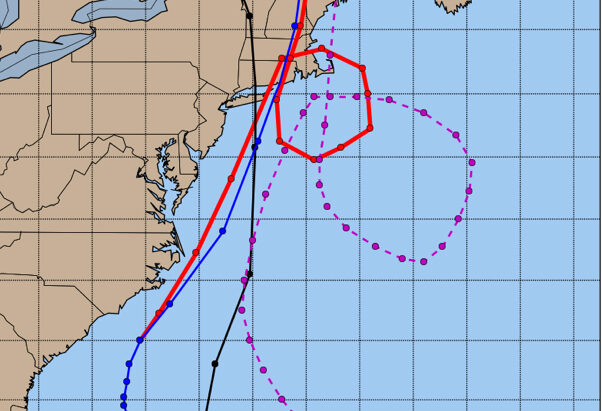 The hypothetical Hurricane Rhody, shown in red.