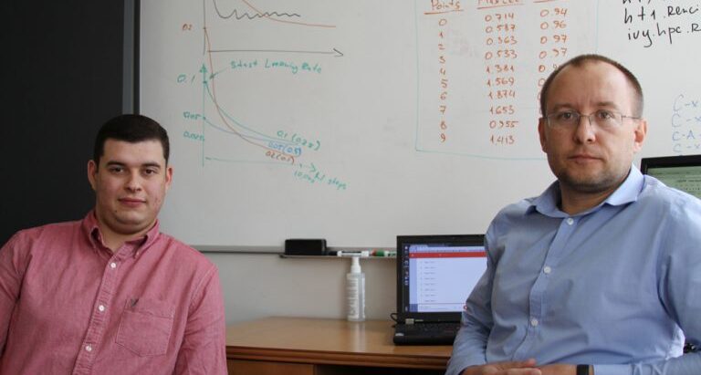 Dr. Anton Bezuglov, right, visiting faculty from Benedict College, worked with student Reinaldo Santiago, left, and CRC PI Dr. Brian Blanton on a project to speed up the ADCIRC storm-surge model while at UNC-Chapel Hill this summer.