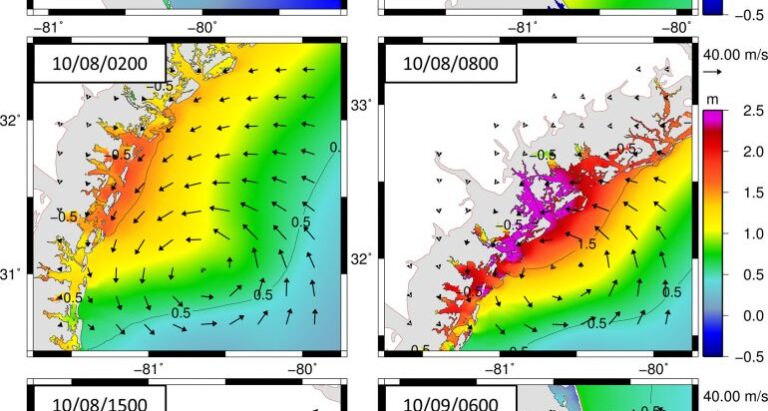 Contours of water levels (meters relative to NAVD88) and vectors of wind speeds (meters per second) during Hurricane Matthew along the U.S. southeast coast.