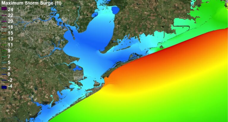 The Coastal Emergency Risks Assessment (CERA) tool, in which ADCIRC storm-surge modeling is visualized for hindcasting past tropical storms and predicting the path of current ones, is shown. Above is a visualization of an alternative path for Hurricane Ike (2011).