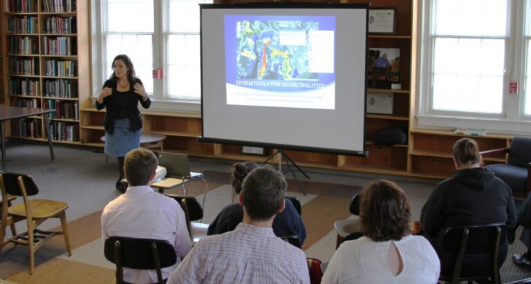 Pam Rubinoff of the Coastal Resources Center at the University of Rhode Island speaks at a public lecture as part of the Natural Hazards Resilience Speakers Series on March 30, 2016, at UNC-Chapel Hill.