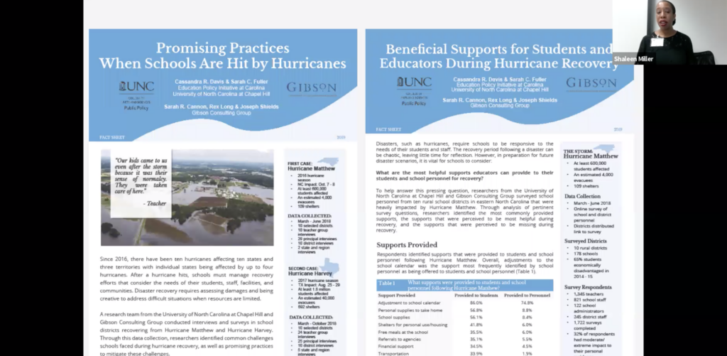 Dr. Cassandra Davis addresses a UNC class on Zoom as part of the Natural Hazards Resilience Speakers Series.
