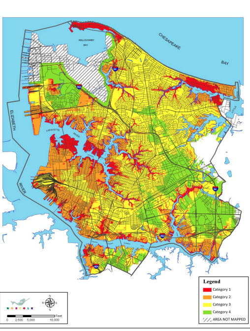 Norfolk’s susceptibility to flooding from storm surge, from the city’s planning publication.