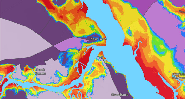 Physical exposure to storm surge and flooding can be overlaid with social vulnerability (here using the CDC Social Vulnerability Index for census tracts) to illuminate how flood risk may impact community resilience. Image from Sarah Lipuma.