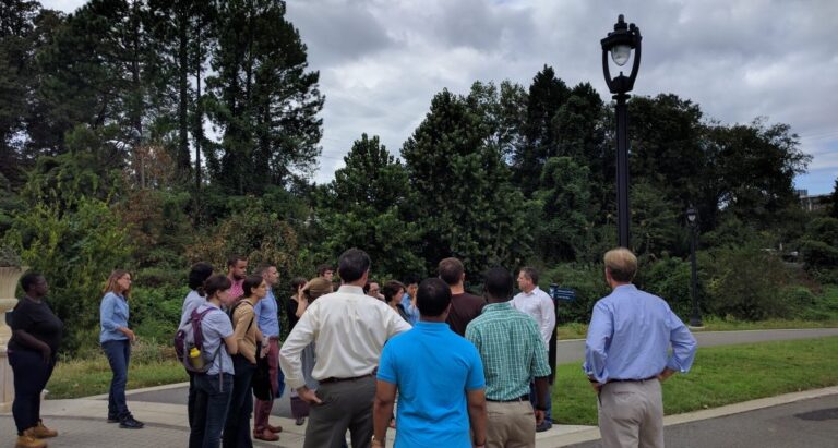 UNC class “Planning for Natural Hazards and Climate Change Adaptation” takes a field trip to see Charlotte-Mecklenburg County Storm Water Services’ work on the Midtown Urban Greenway. Photo by Ashton Rohmer